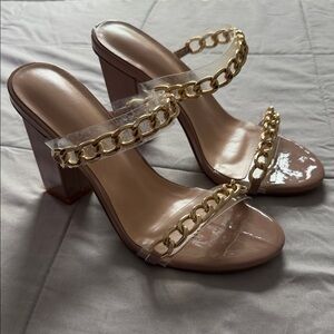 Women’s Nude Patent Block Heel Sandals with Gold Chain Detail